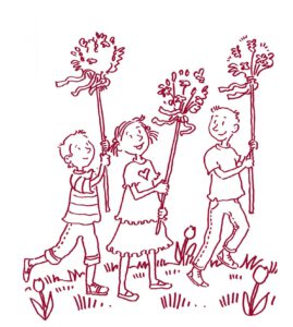 Zeichnung von drei Kindern mit Palmenwedeln in der Hand