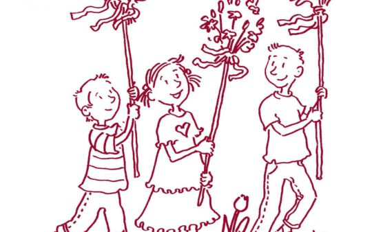Zeichnung von drei Kindern mit Palmenwedeln in der Hand